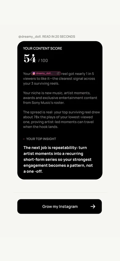 The free audit in the Creedom app: a handle is typed, the account is found, and the content score out of 100 comes back with the top insight