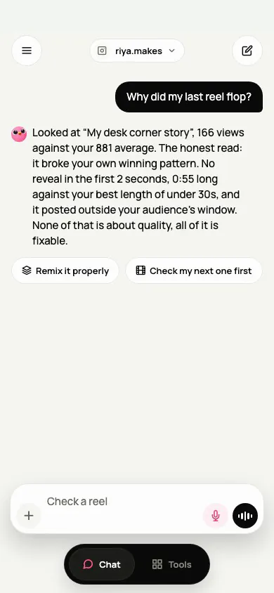 Cree answering a question about a reel that underperformed, in the Creedom app