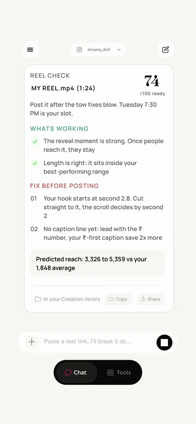 The Reel Analyzer in the Creedom app: a reel is uploaded, Cree watches it, and the reel check comes back with what is working and what to fix before posting