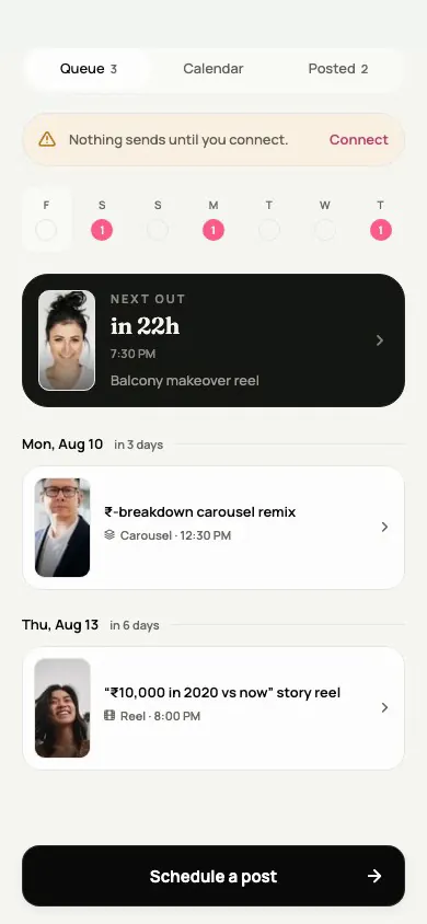 Three posts waiting in the queue in the Creedom app