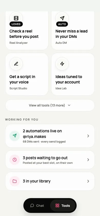 The Creedom app opening the Reel Analyzer from the tools grid